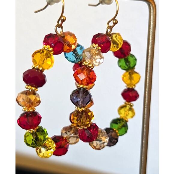 Gorgeous Colorful Glass Crystal Bead 1.75" Hoop Dangle Earrings - Picture 2 of 3